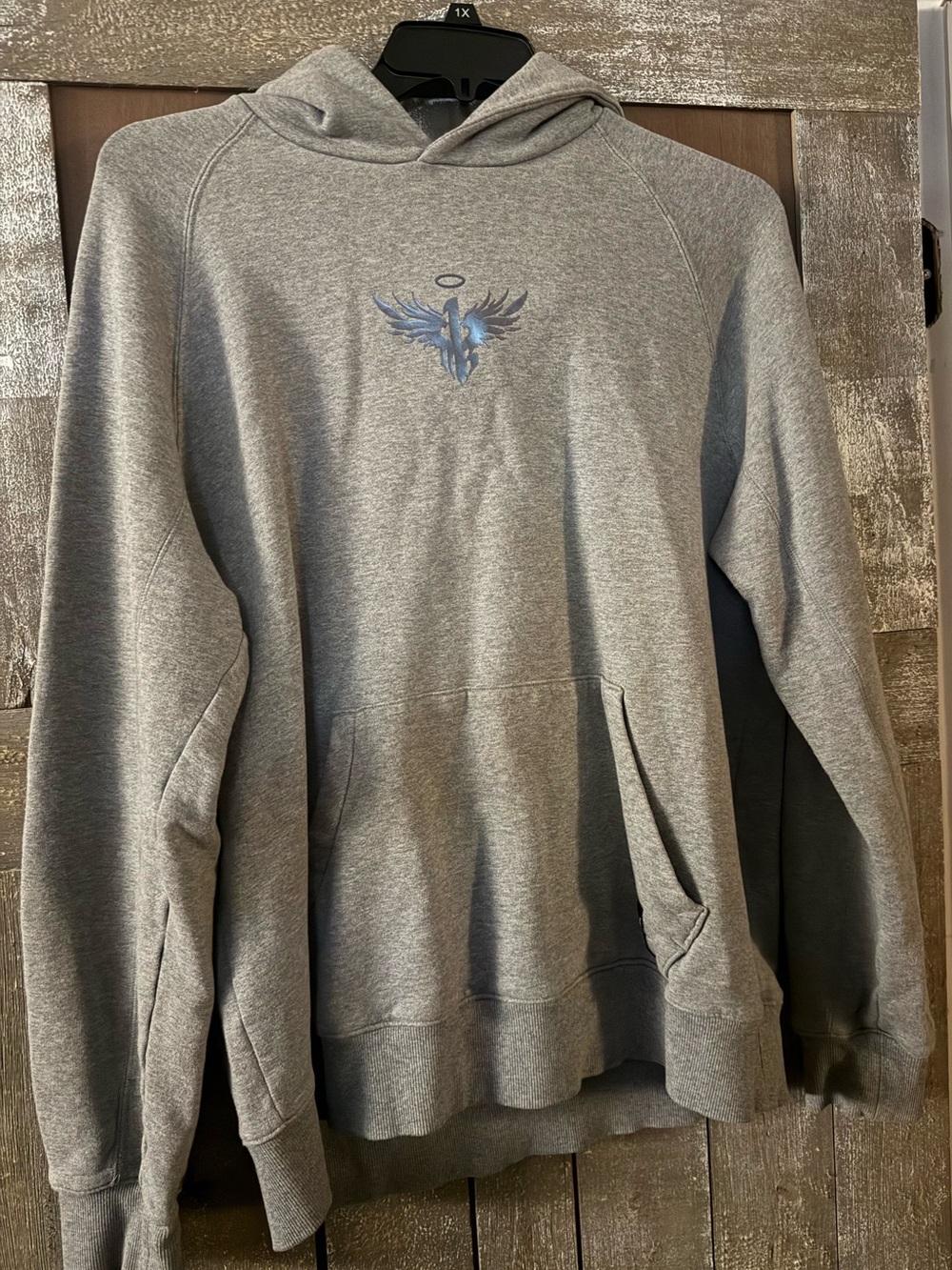 Puma Men's Gray Crewneck Hoodie with Blue Wing Emblem